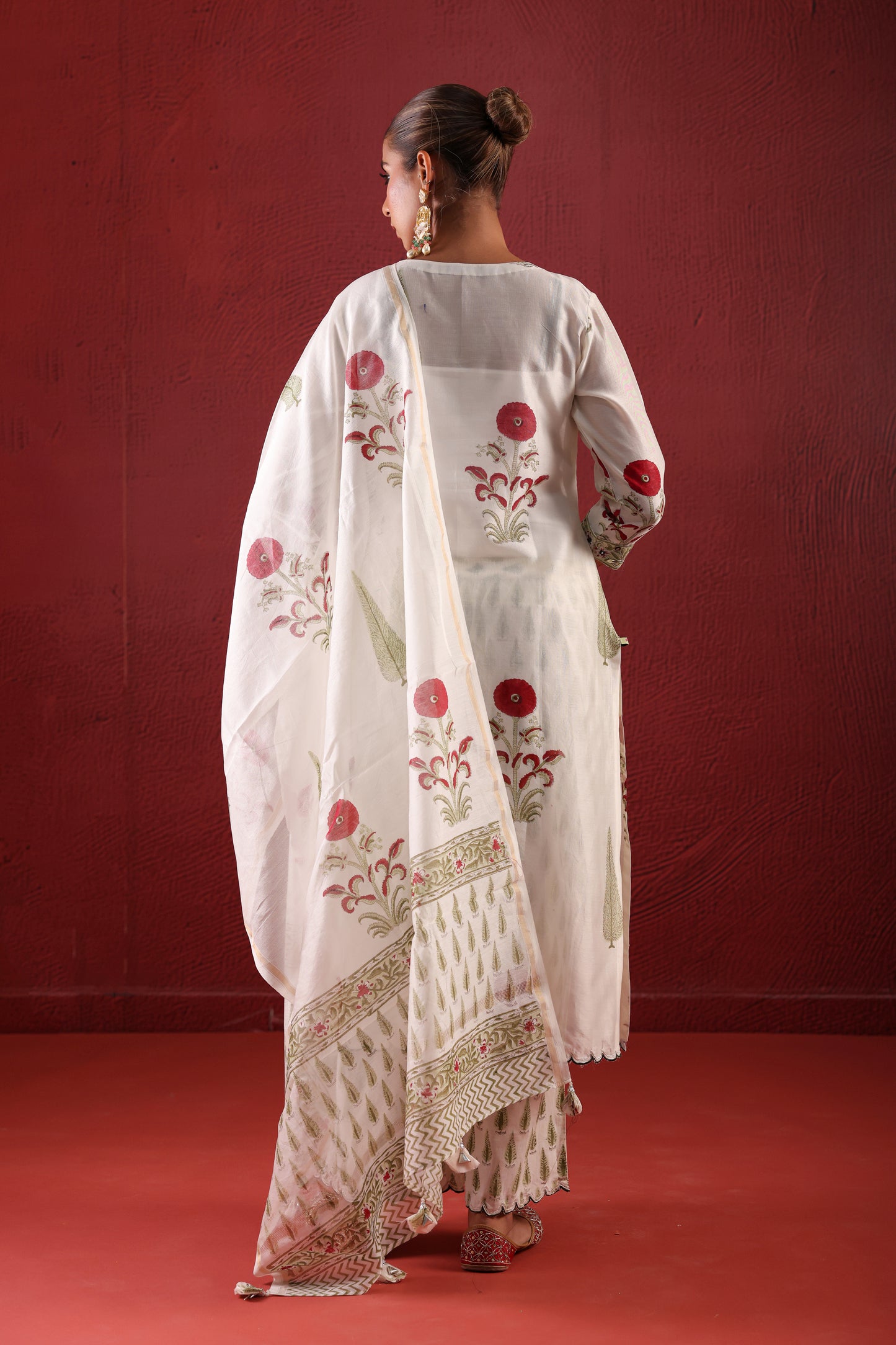 White-Red Chanderi Straight Line Kurta