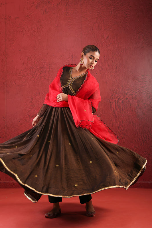 Black Brownish Zari Anarkali Suit