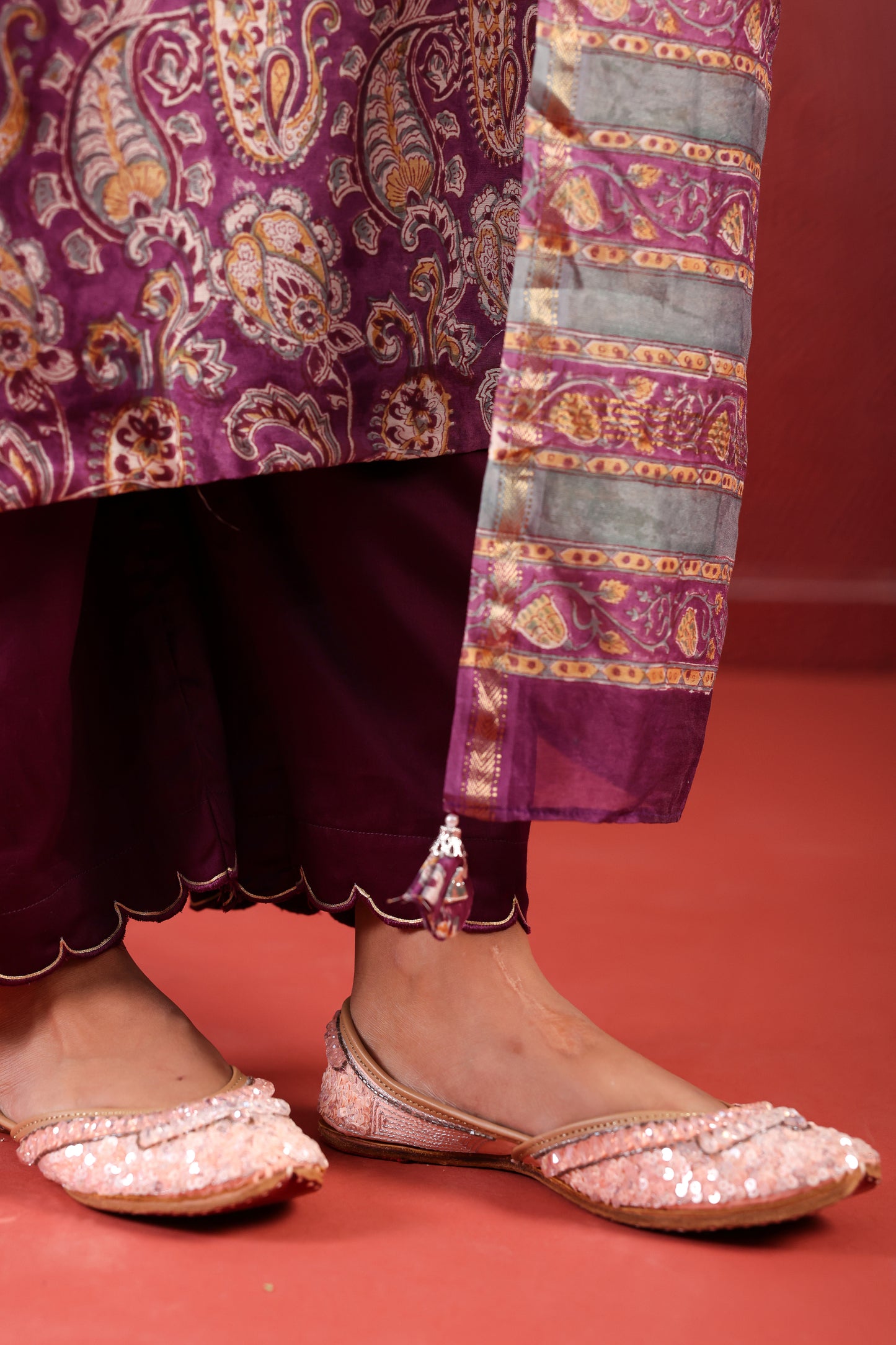 Purple Chanderi Block Print Suit