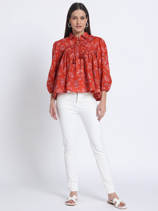 Orange Printed Short Kurta