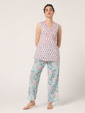 PINK-BLUE HAND BLOCK PRINTED SLEEVE LESS NIGHT SUIT