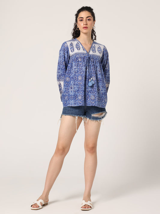 BLUE HAND BLOCK PRINTED TOP