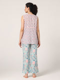 PINK-BLUE HAND BLOCK PRINTED SLEEVE LESS NIGHT SUIT