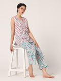 PINK-BLUE HAND BLOCK PRINTED SLEEVE LESS NIGHT SUIT