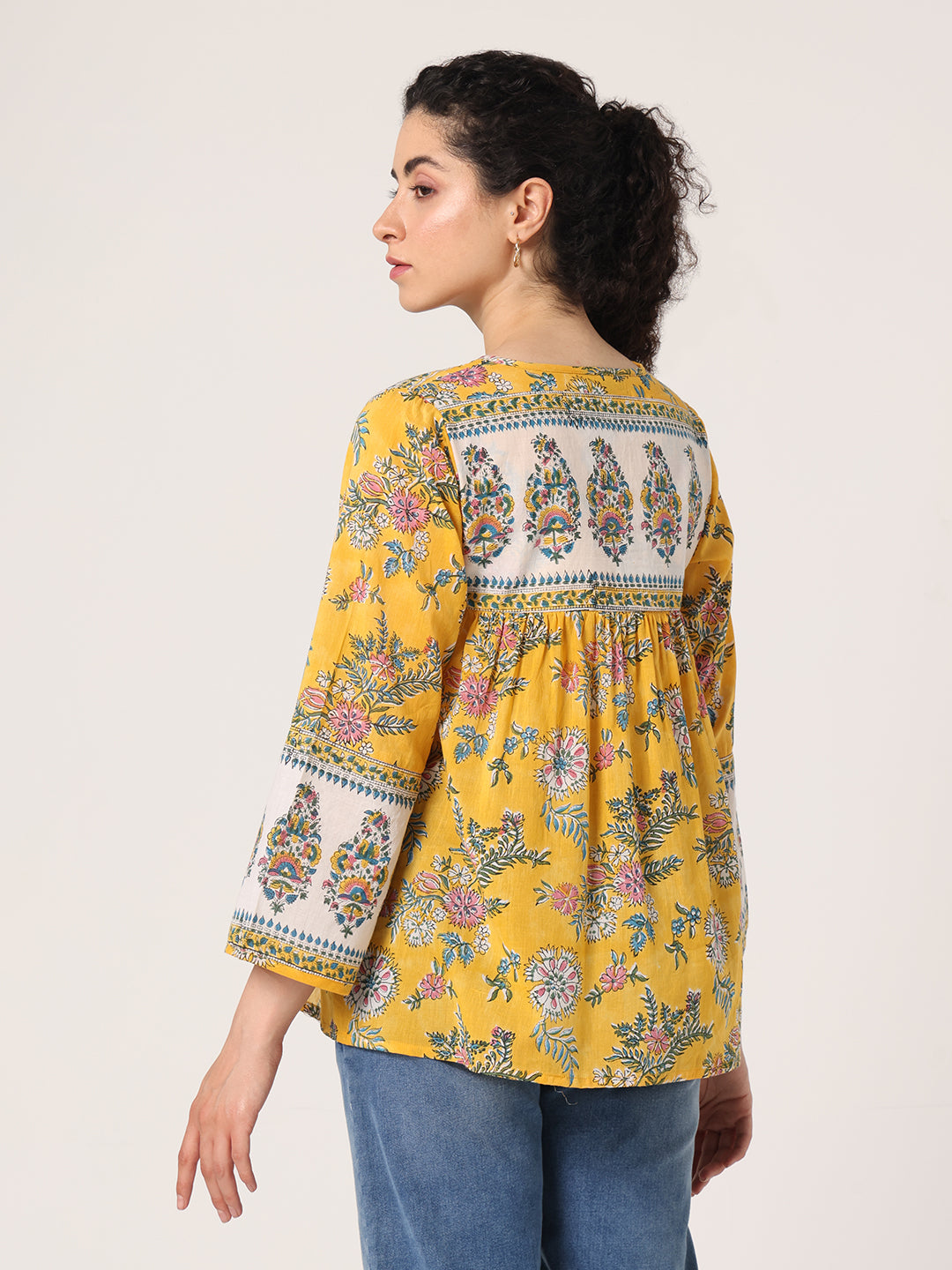 YELLOW HAND BLOCK PRINTED TOP