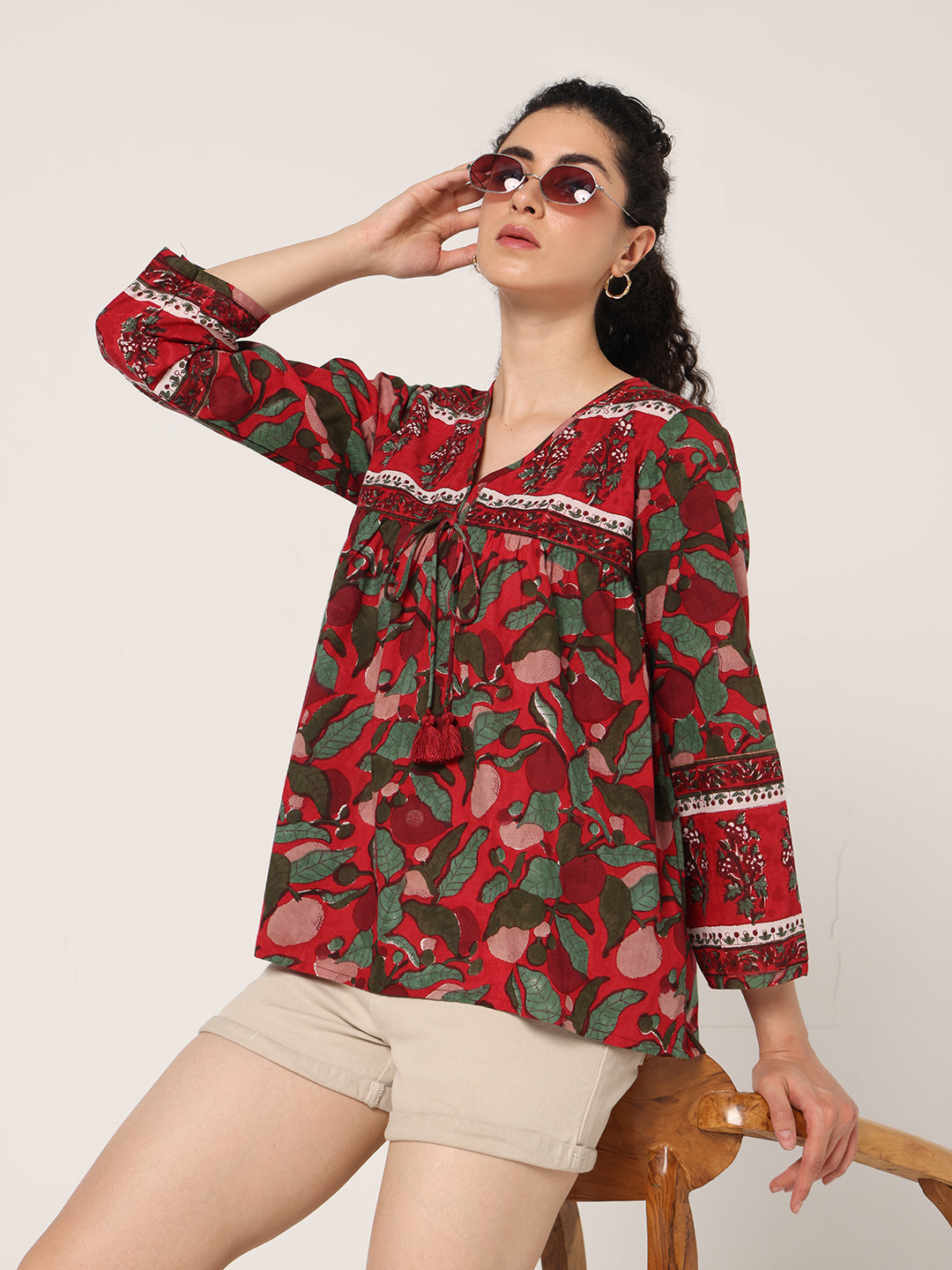 RED HAND BLOCK PRINTED TOP