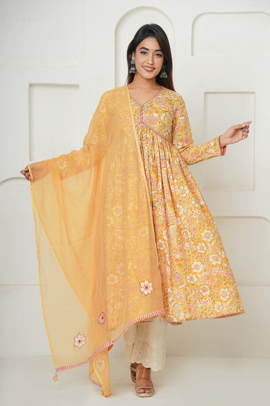 YELLOW FLORAL BLOCK PRINT GATHER ANARKALI KURTA SET