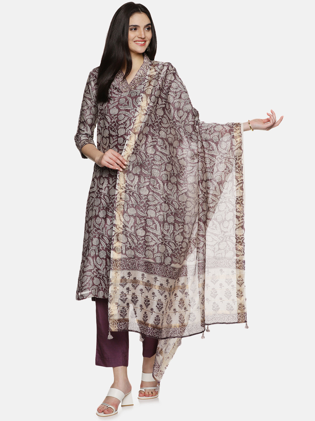 PURPLE BLOCK PRINT KURTA SET IN CHANDERI