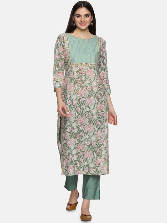 SEA GREEN STRAIGHT BLOCK PRINT KURTA