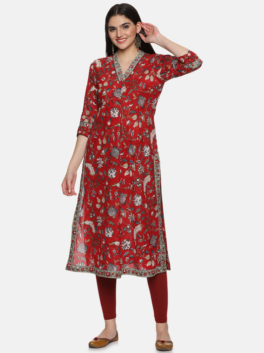 RED A LINE BLOCK PRINT KURTA