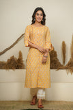 YELLOW HAND BLOCK PRINTED PRINCESS LINE KURTA