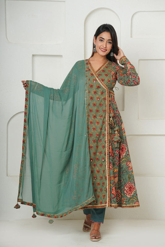 GREEN HANDBLOCK PRINTED FLORAL ANGRAKHA KURTA SET