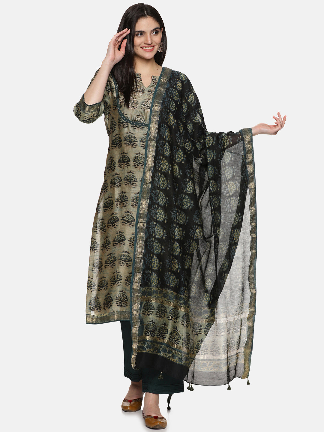 GREEN AJRAK BLOCK PRINT KURTA SET IN CHANDERI
