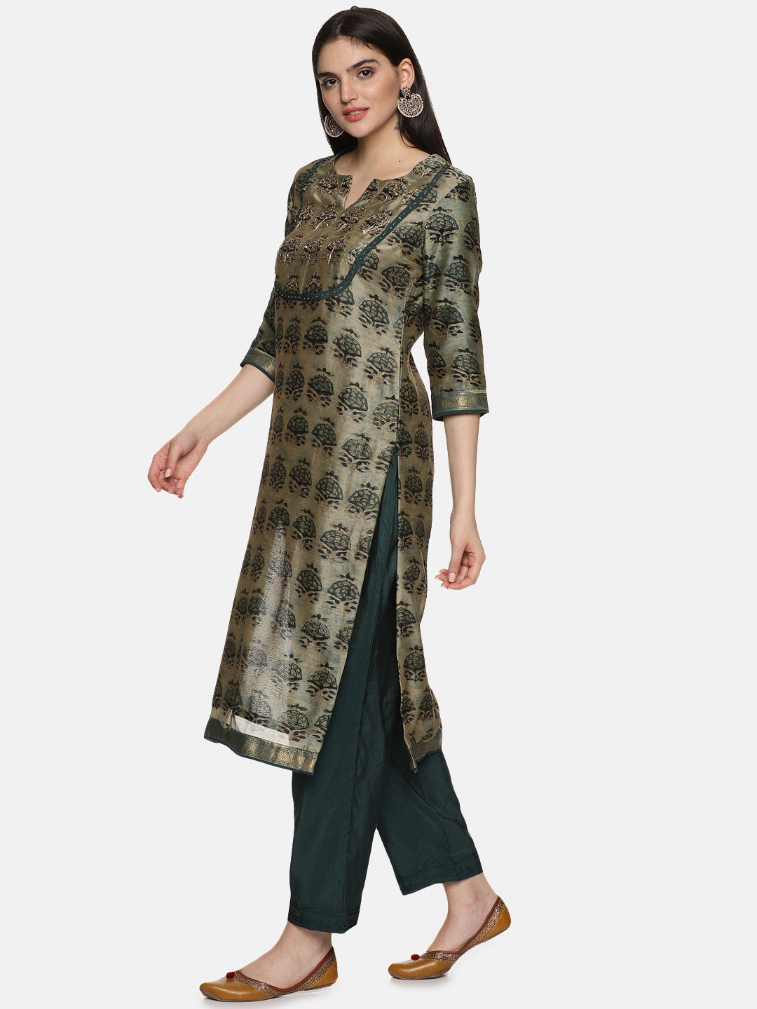 GREEN AJRAK BLOCK PRINT KURTA SET IN CHANDERI