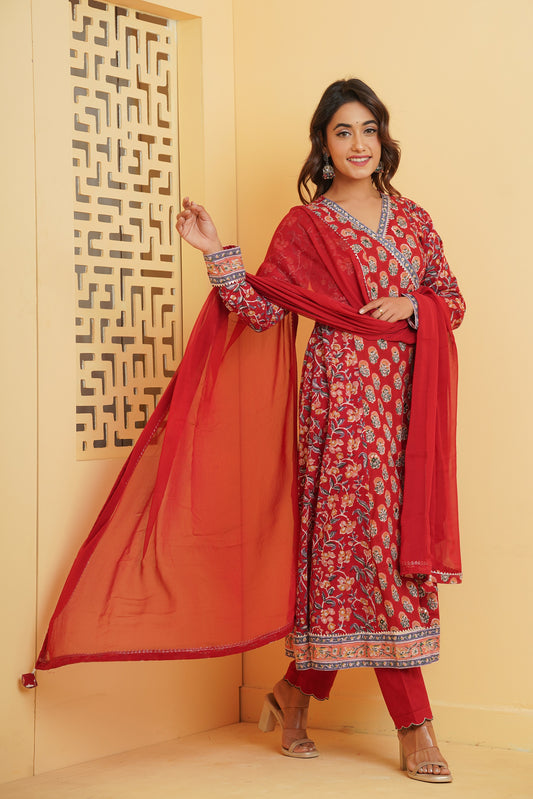 RED HANDBLOCK PRINTED FLORAL ANGRAKHA KURTA SET
