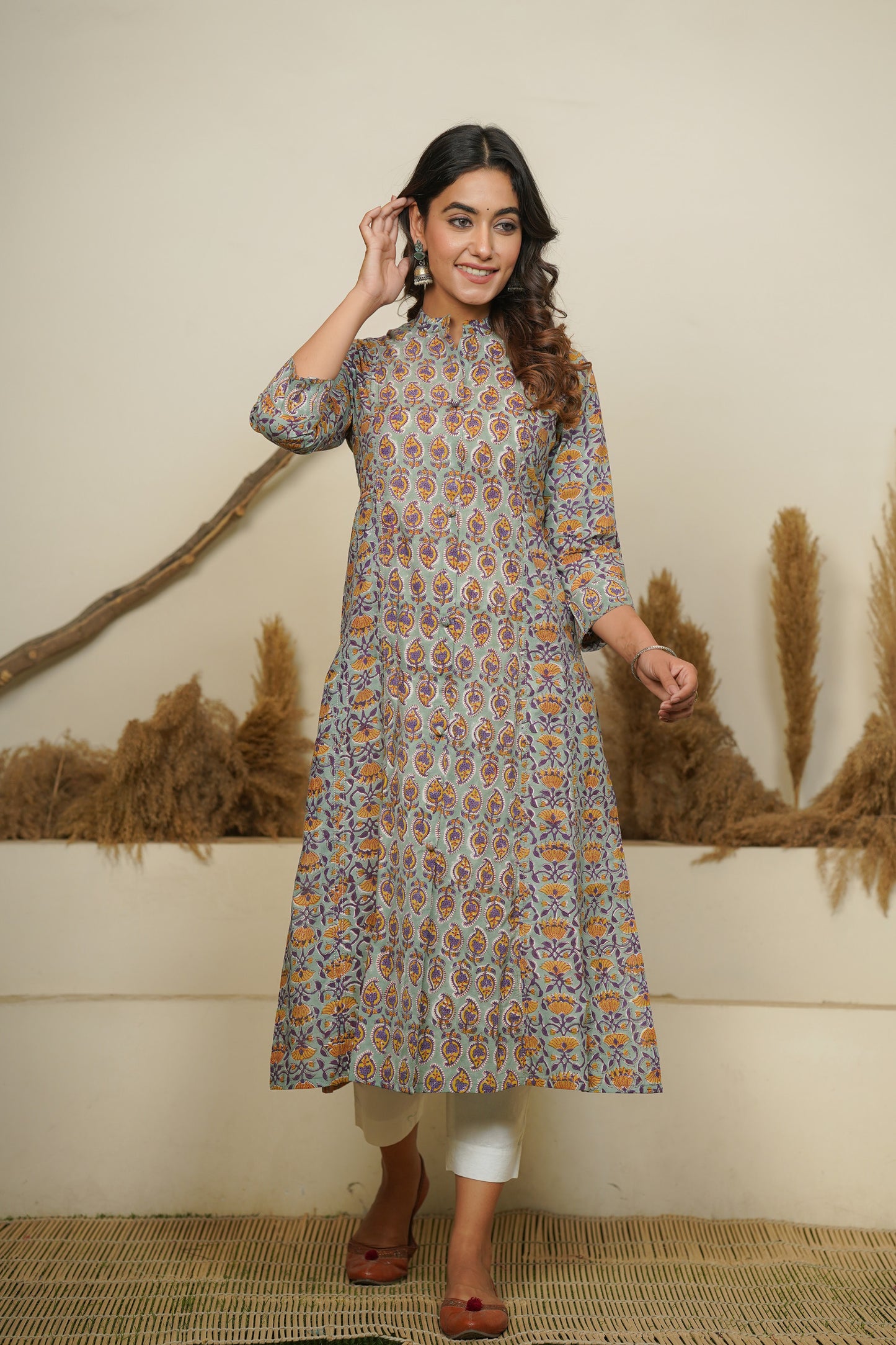 SEA GREEN HAND BLOCK PRINTED PRINCESS LINE KURTA