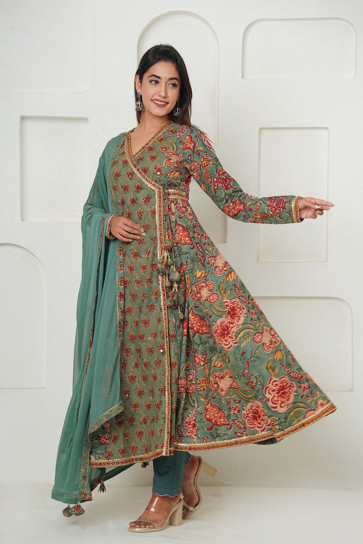 GREEN HANDBLOCK PRINTED FLORAL ANGRAKHA KURTA SET