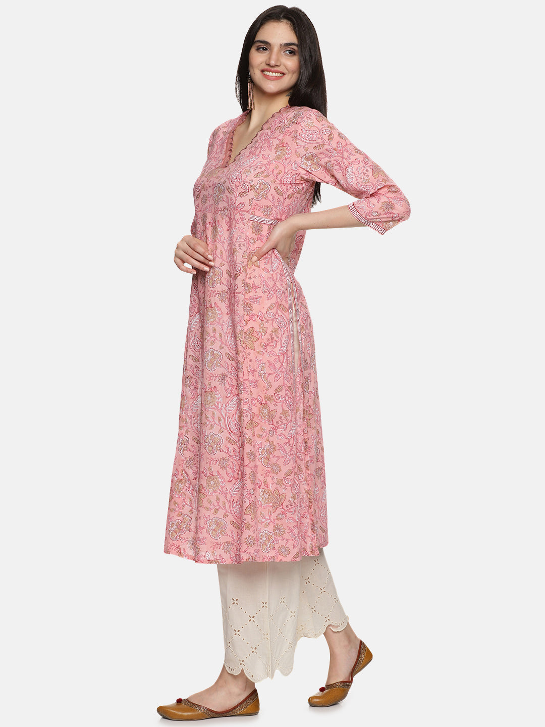 PINK BLOCK PRINT PRINCESS LINE KURTA