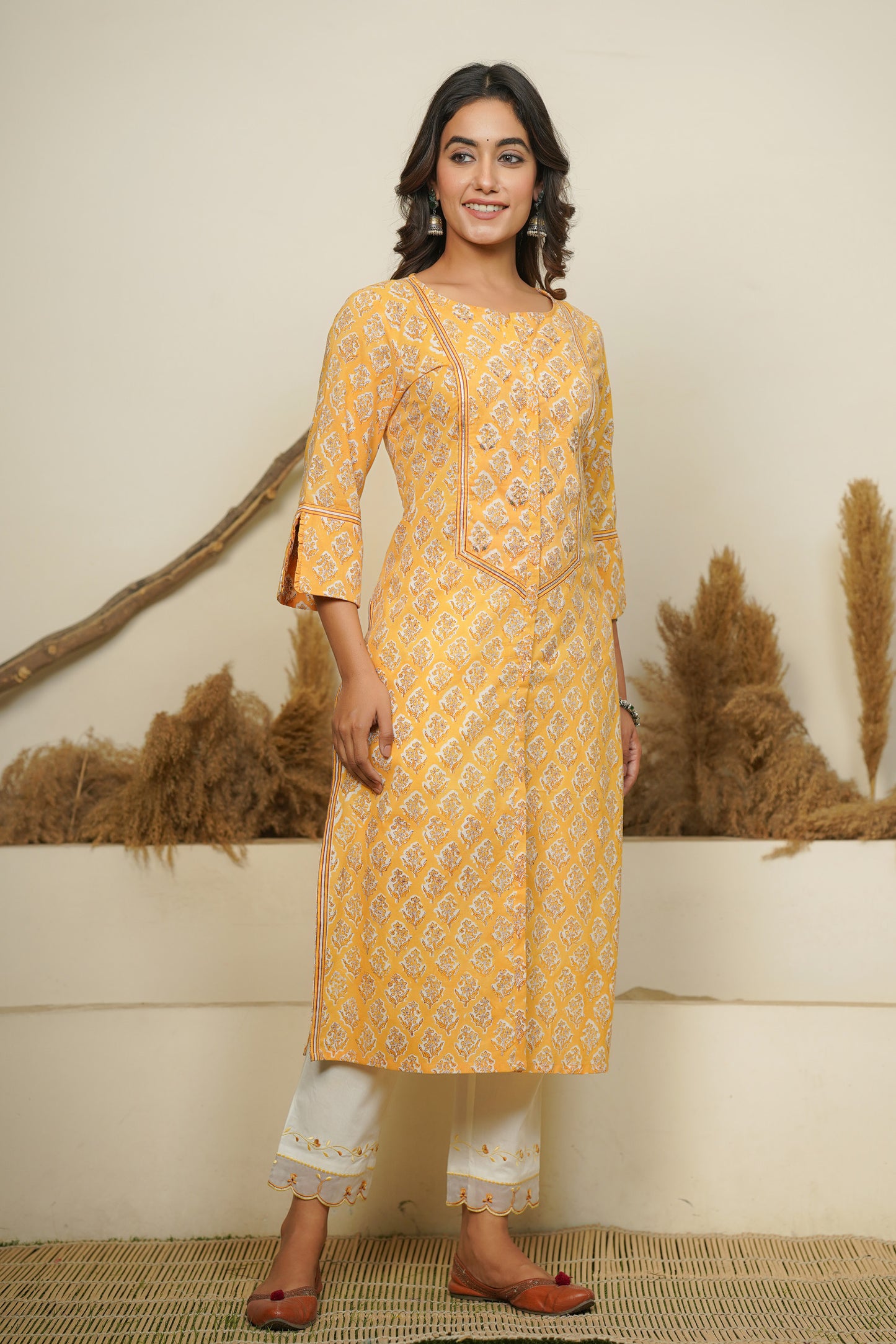 YELLOW HAND BLOCK PRINTED PRINCESS LINE KURTA
