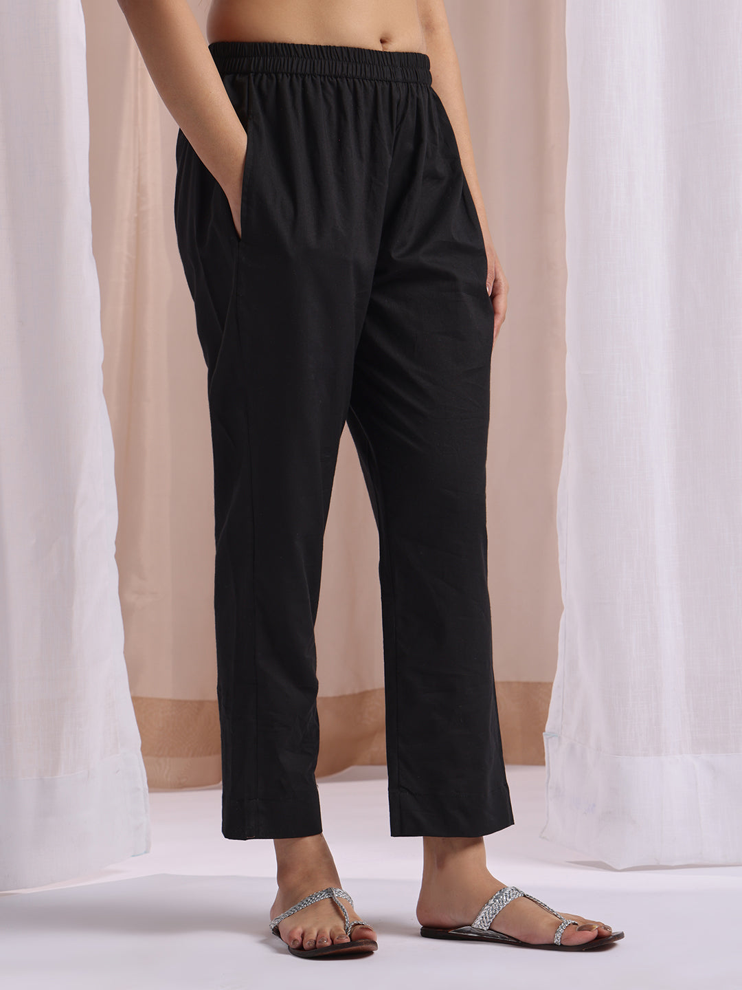 Black hand block printed kurta with plain pant and doriya dupptaa