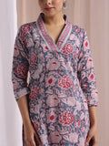 Blue-Red kurta set in block print with lining pants