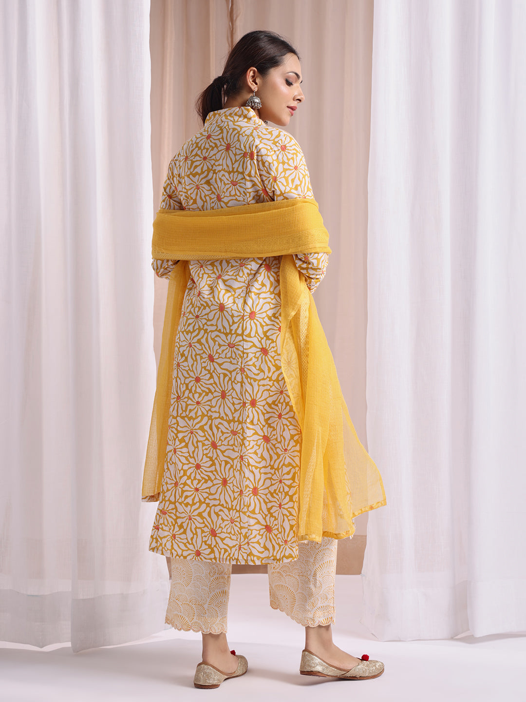 Yellow-White block print kurta set