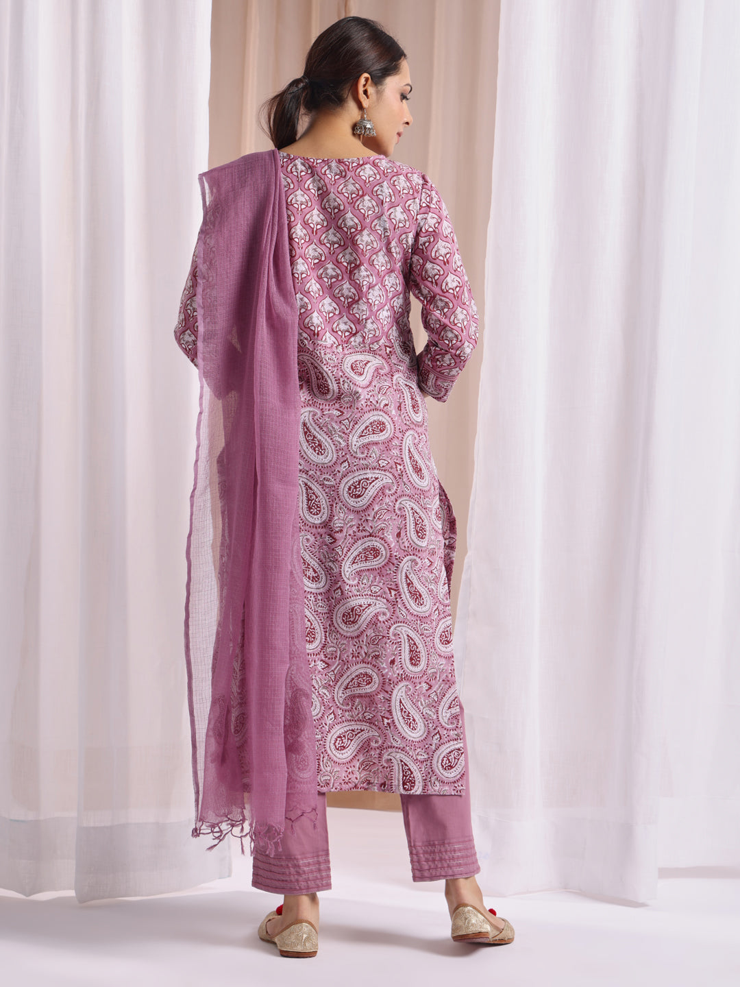 Purple Hand block printed kurta with plain pant and kota doriya dupatta