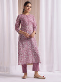 Purple Hand block printed kurta with plain pant and kota doriya dupatta