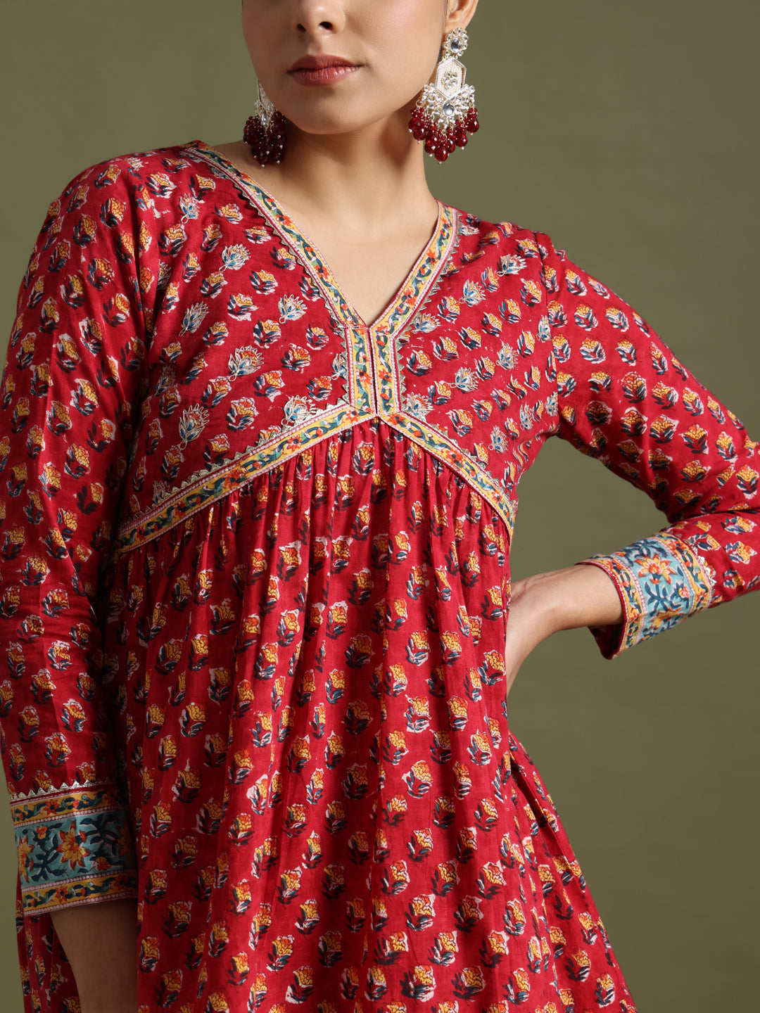 Red block print sharara set