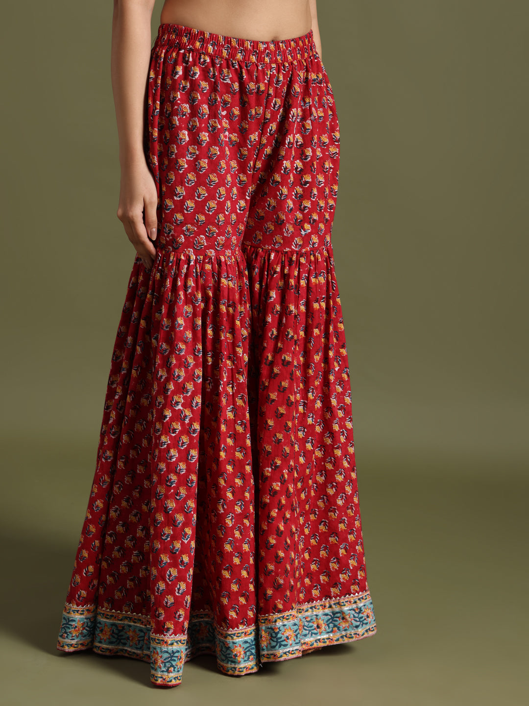 Red block print sharara set