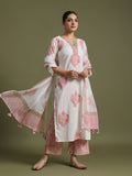 White- Pink boota print suit with kota doriya dupatta