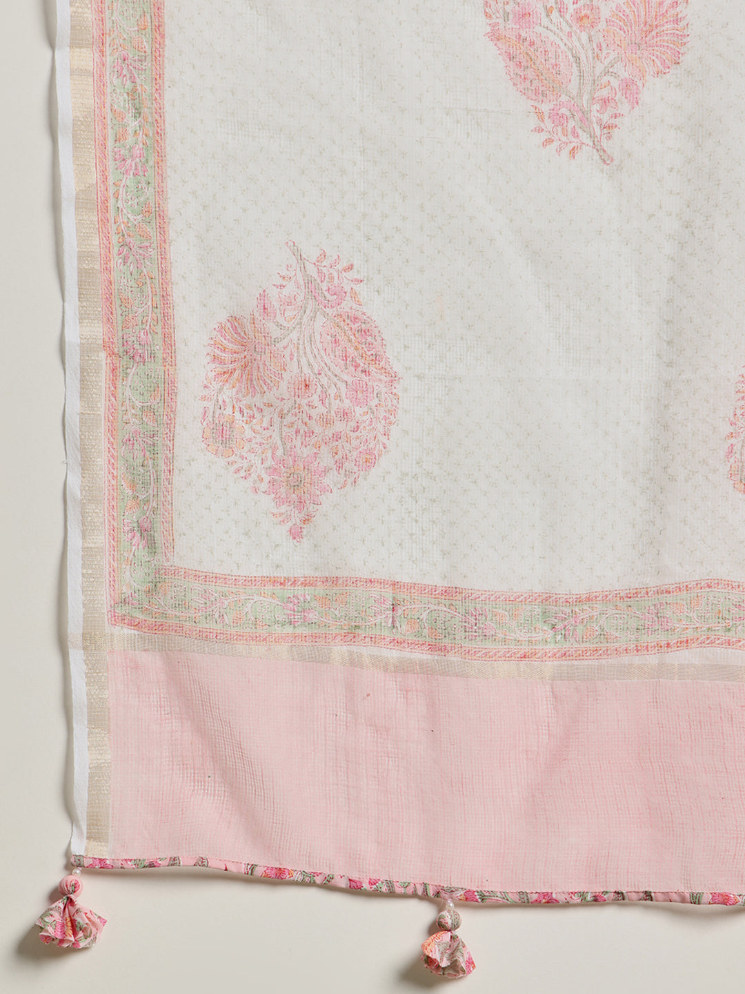 White- Pink boota print suit with kota doriya dupatta