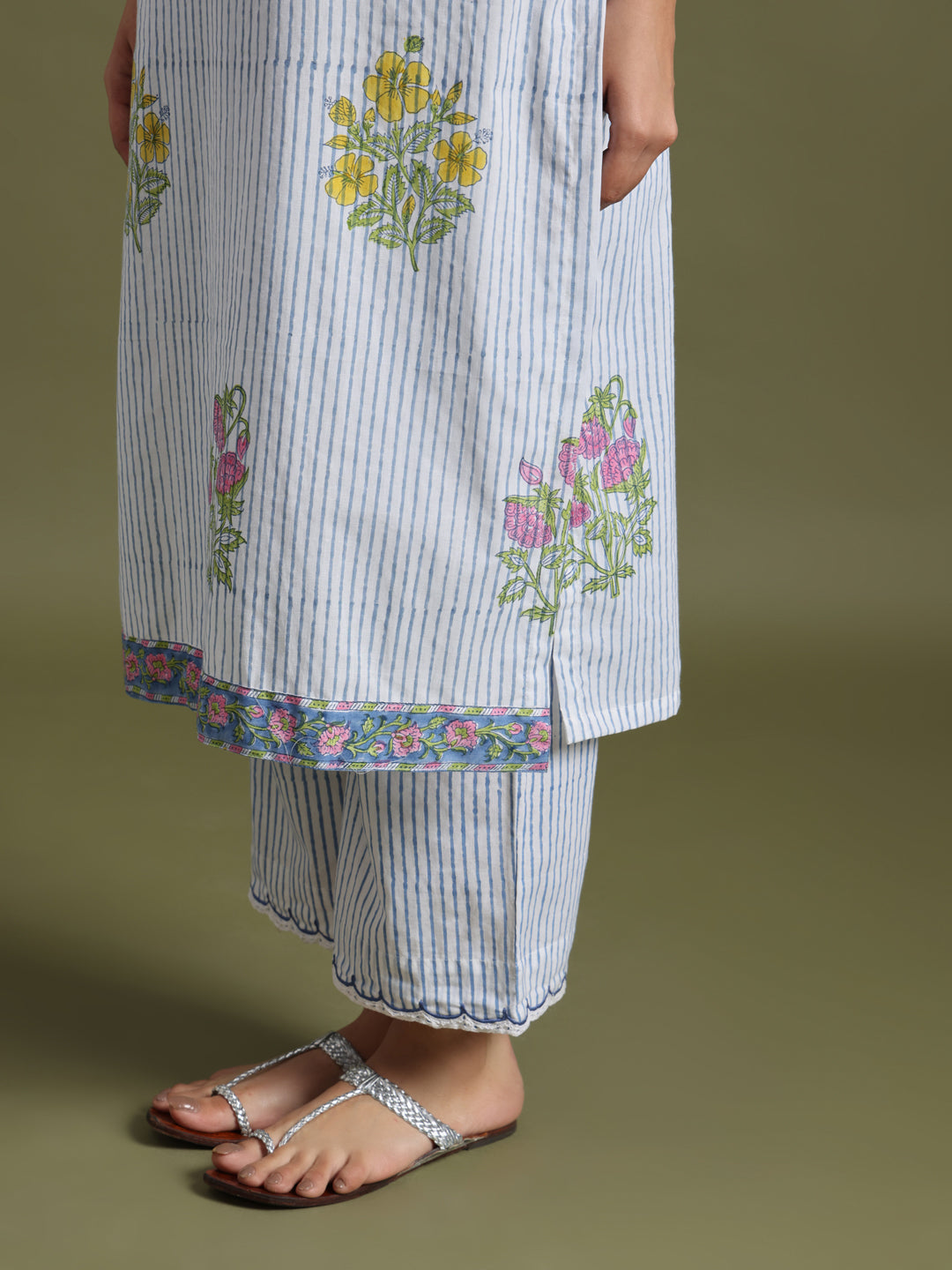 White-Blue boota print suit with Kota doriya duptta