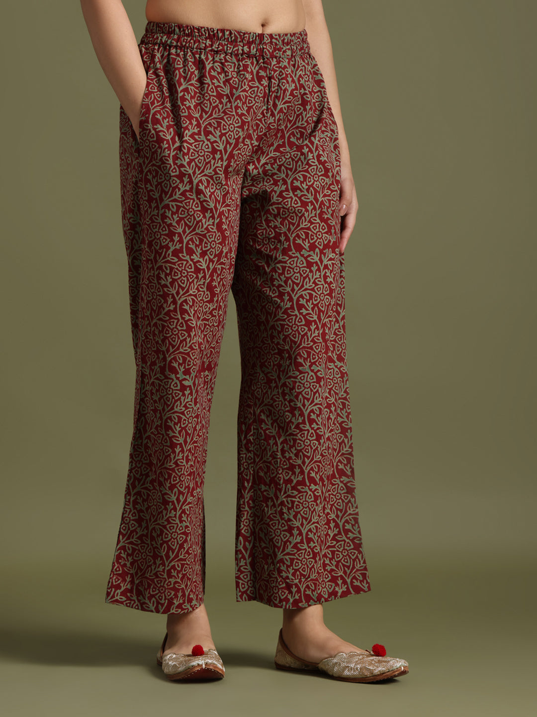 Red block print suit with Kota doriya duptta