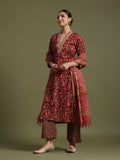 Red block print suit with Kota doriya duptta