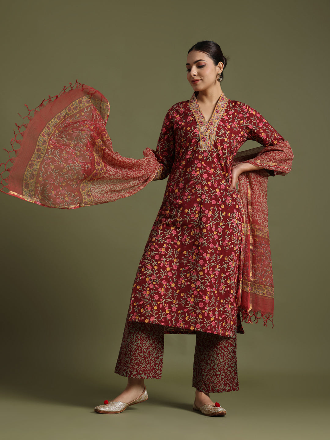 Red block print suit with Kota doriya duptta