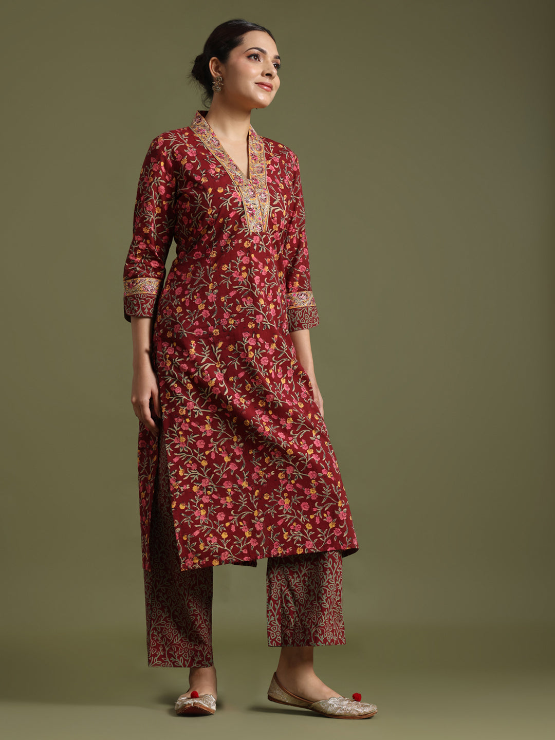 Red block print suit with Kota doriya duptta
