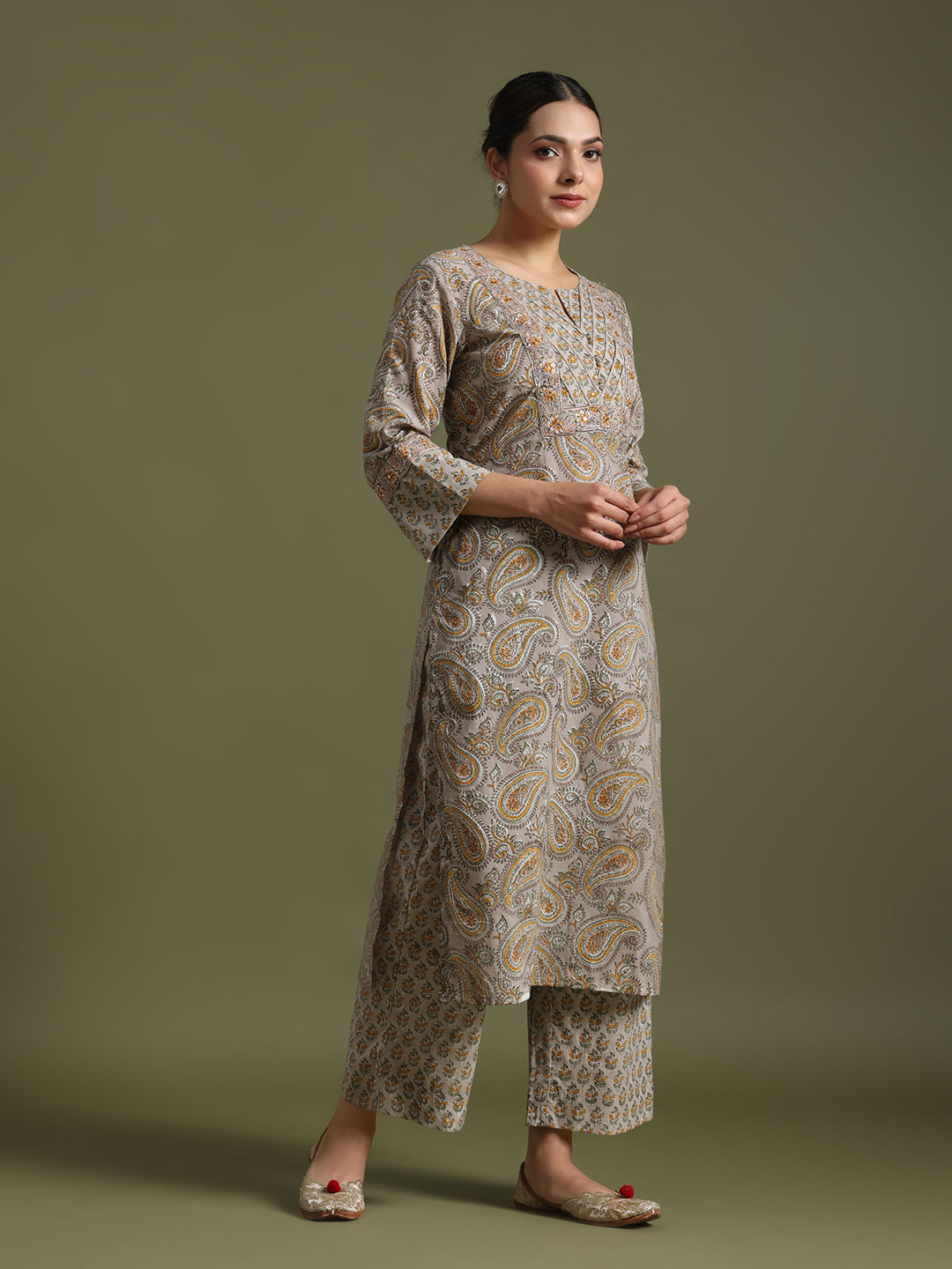 Grey hand block printed kurta set