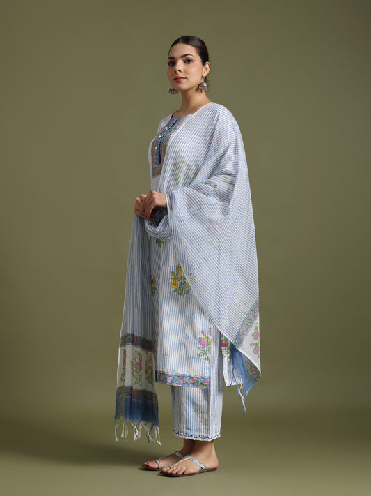 White-Blue boota print suit with Kota doriya duptta