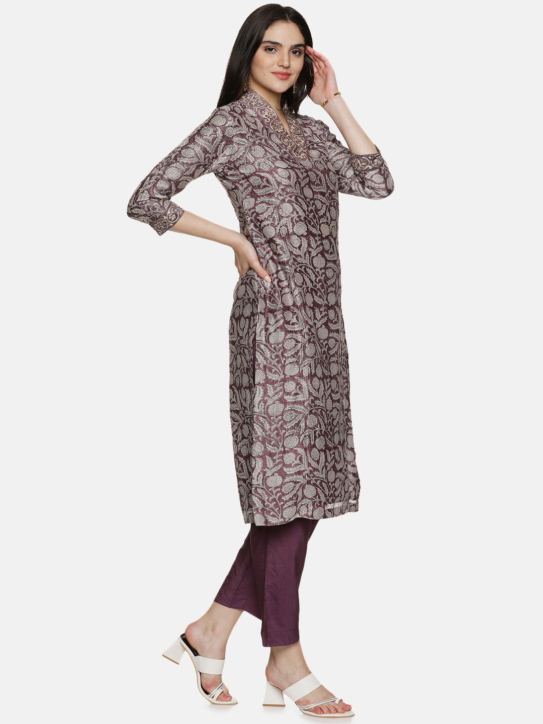 PURPLE BLOCK PRINT KURTA SET IN CHANDERI