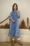 BLUE HAND BLOCK PRINTED PRINCESS LINE KURTA