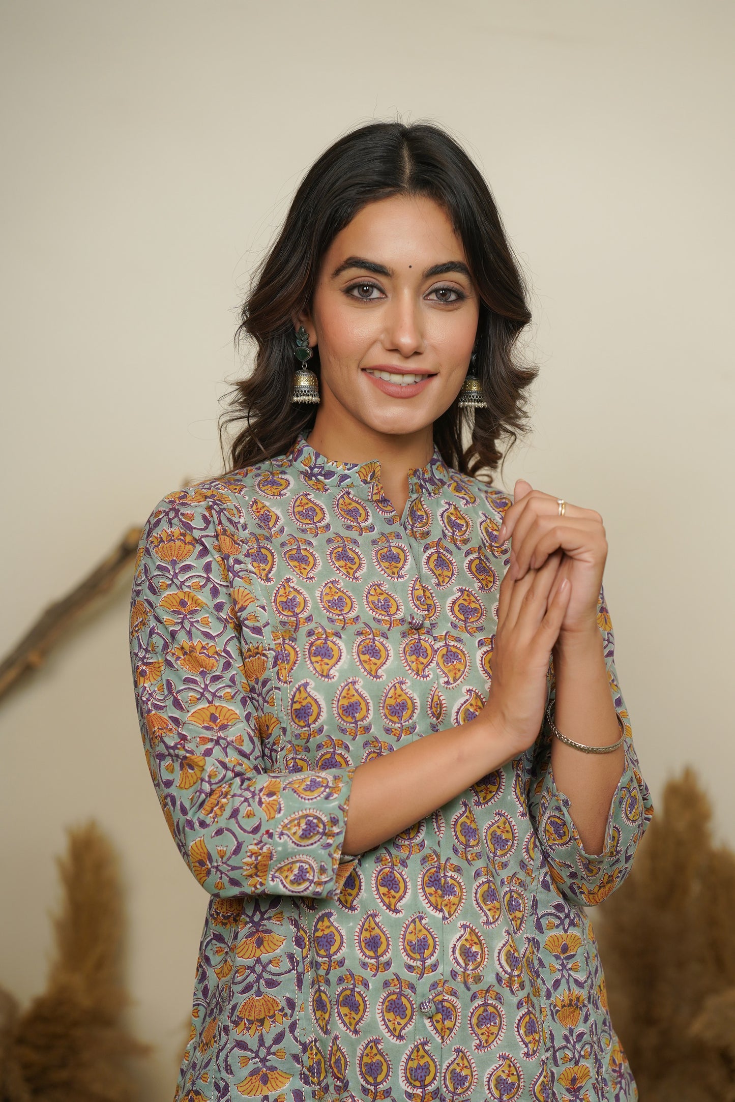 SEA GREEN HAND BLOCK PRINTED PRINCESS LINE KURTA