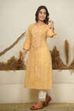 YELLOW HAND BLOCK PRINTED PRINCESS LINE KURTA
