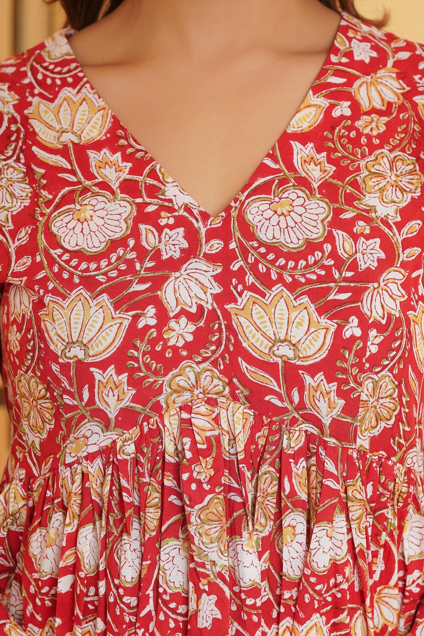 RED FLORAL BLOCK PRINT GATHER ANARKALI KURTA SET