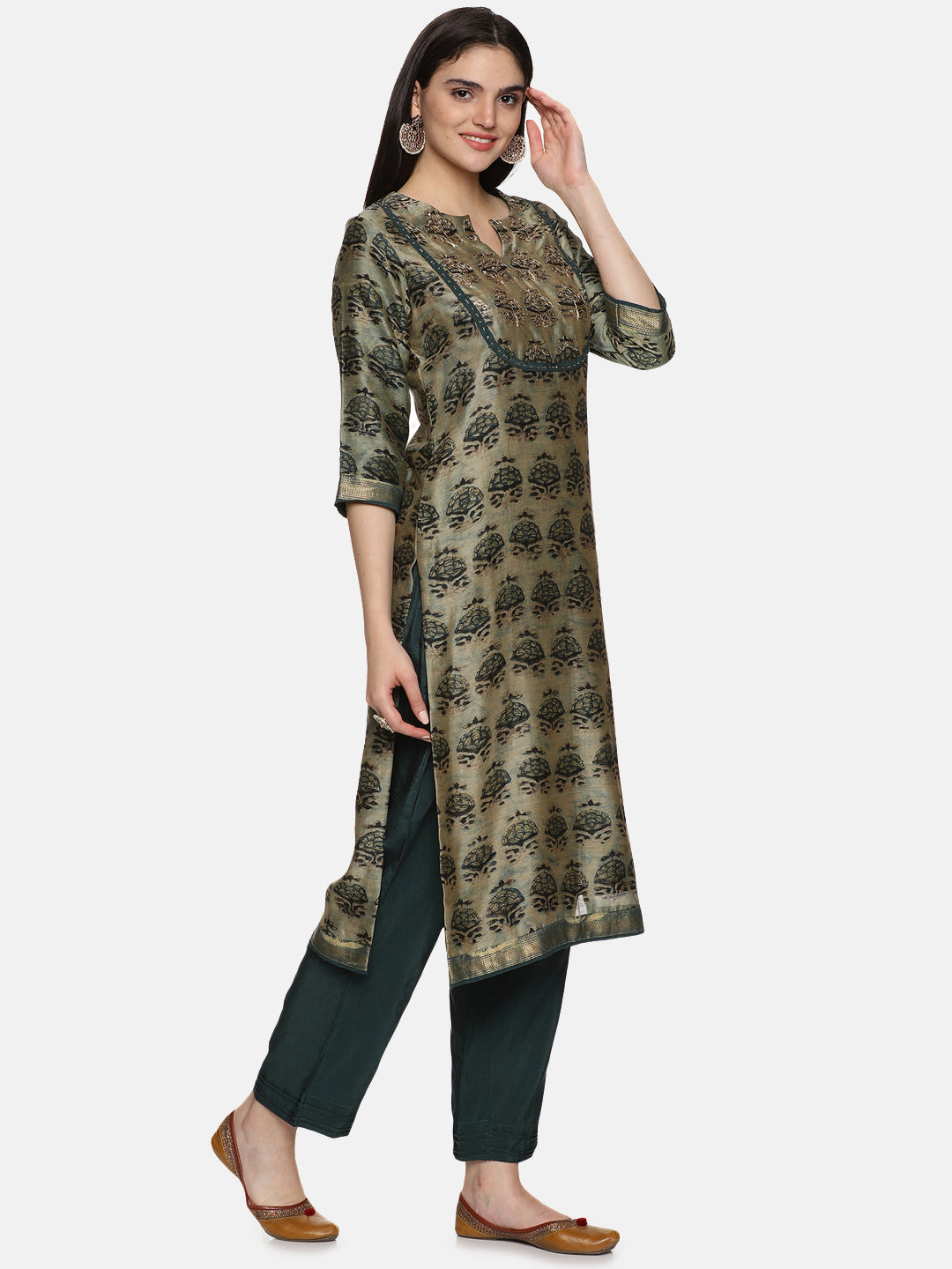 GREEN AJRAK BLOCK PRINT KURTA SET IN CHANDERI