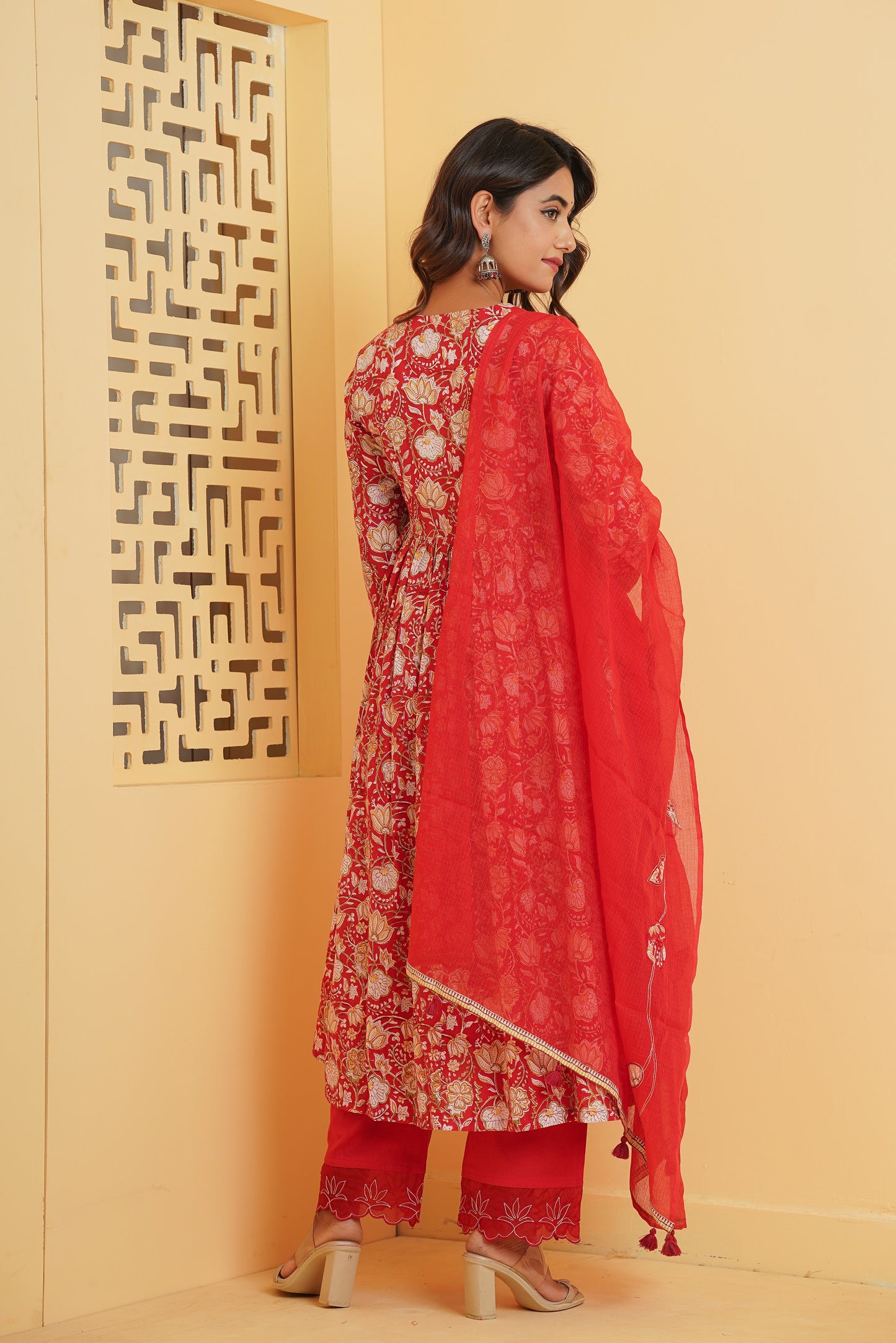 RED FLORAL BLOCK PRINT GATHER ANARKALI KURTA SET