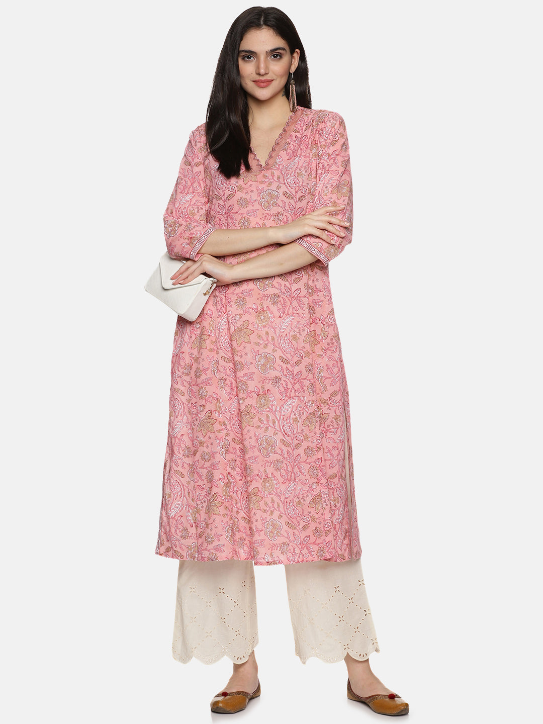 PINK BLOCK PRINT PRINCESS LINE KURTA