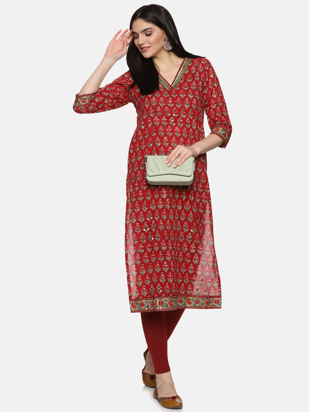RED BLOCK PRINT STRAIGHT KURTA