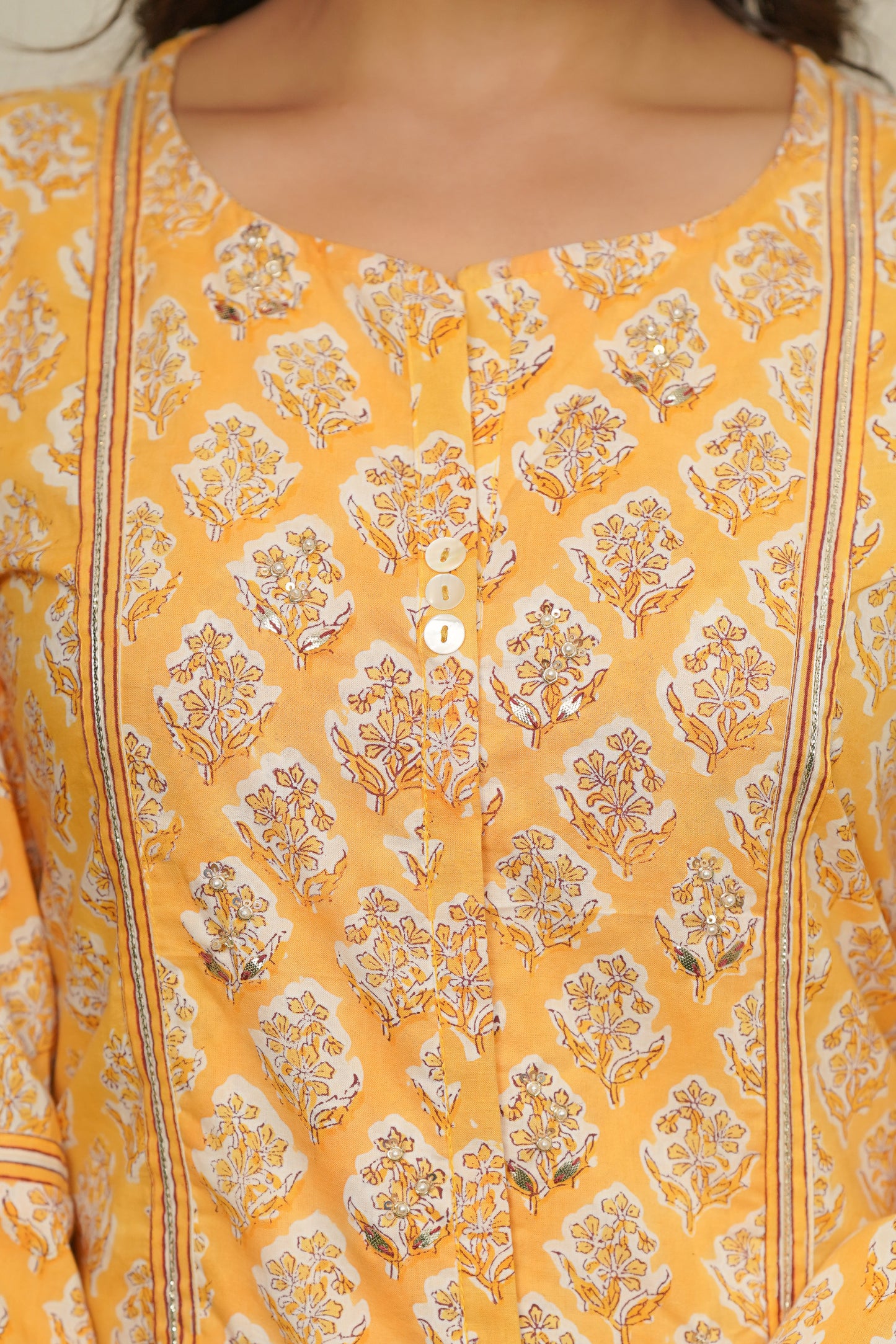 YELLOW HAND BLOCK PRINTED PRINCESS LINE KURTA