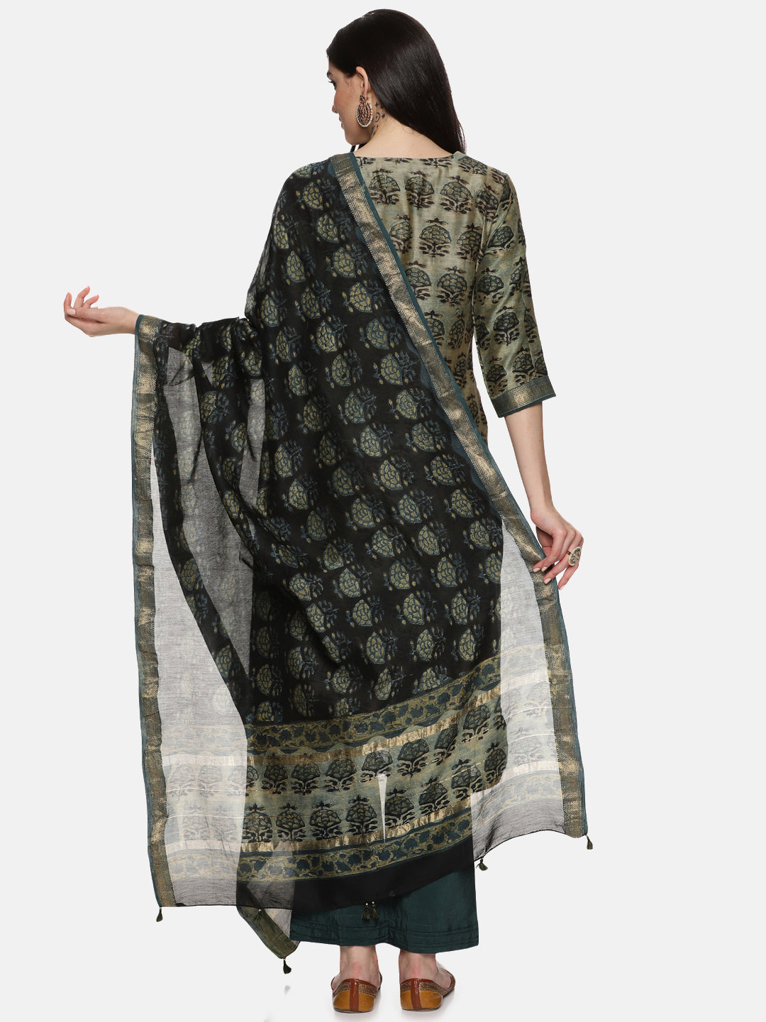 GREEN AJRAK BLOCK PRINT KURTA SET IN CHANDERI